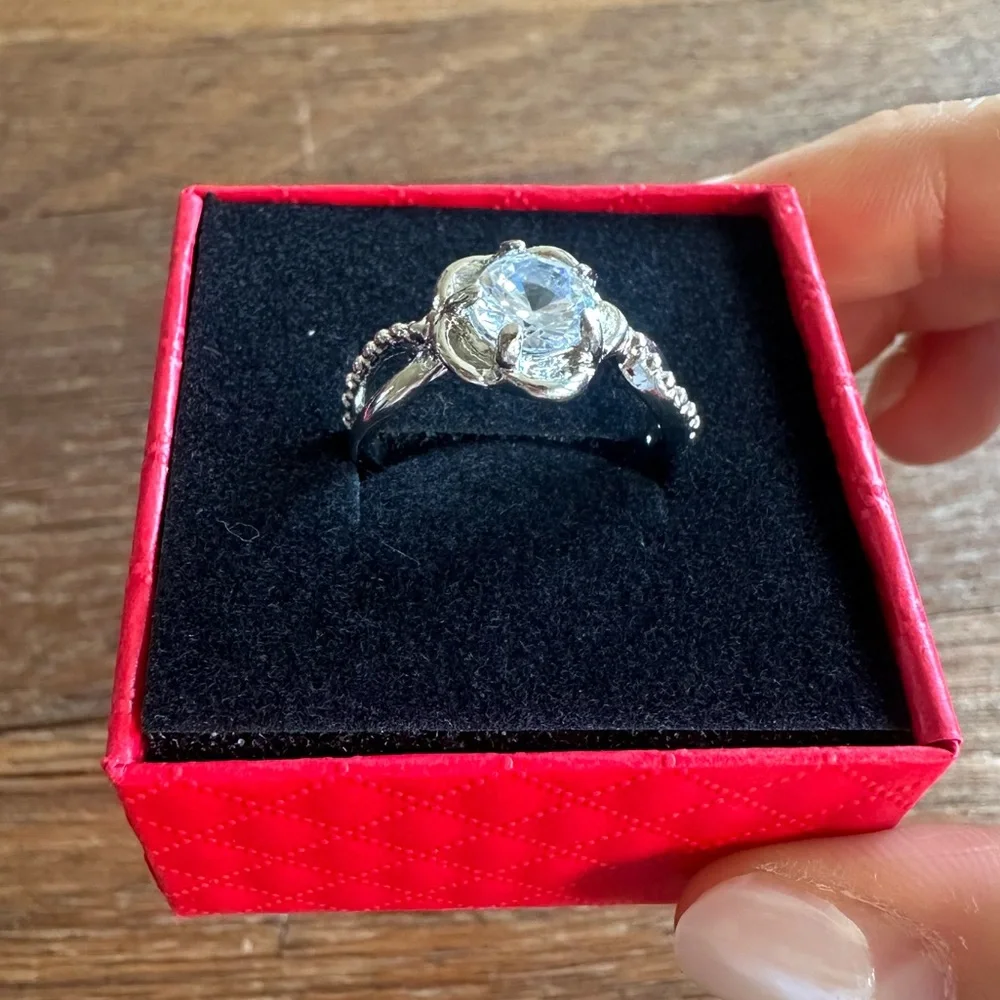 Silver Tone Floral Halo CZ Engagement Ring Size 8.25 Statement Ring